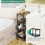 Utility Slim Storage Cart, 4 Tier Small Rolling Kitchen Laundry Room Cart with Wood Top, Metal Narrow Bathroom Storage Cabinet Mobile Shelf Unit Organizer Trolley with Handle for Narrow Space