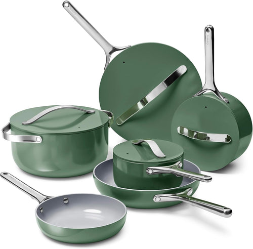 Caraway Deluxe Nonstick Ceramic Cookware Set (16 Piece) Pots, Frying Pans, Lids and Kitchen Storage – PFAS & PFOA Free – Oven Safe Ceramic Pan Set & Compatible with All Stovetops – Sage