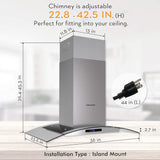 FIREGAS Island Range Hood 36 inch 450 CFM with Chimney,Tempered Glass,4 LED Lights,3 Speed Fan,Touch Control,Permanent Filter,Charcoal Filter,Stainless Steel,Island Mount,Ceiling Mount