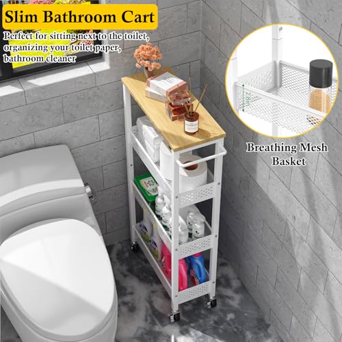 Utility Slim Storage Cart, 4 Tier Small Rolling Kitchen Laundry Room Cart with Wood Top, Metal Narrow Bathroom Storage Cabinet Mobile Shelf Unit Organizer Trolley with Handle for Narrow Space