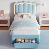 Twin Upholstered LED Bed Frame with Storage Drawer and Adjustable Chic Double Wavy Headboard, Velvet Princess Platform Bed for Kids/Girls, Solid Wood Slats Support, No Box Spring Needed, Beige