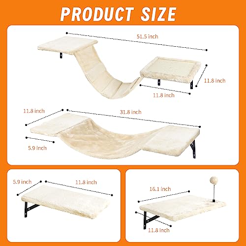 Wall-Mounted Cat Climber Set with Climbing Shelves, Perches, Bridge,Hammock,Scratching Board & Ball – 7 Pcs Wood Indoor Cat Furniture for Kittens Play (Beige)