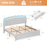 Twin Upholstered LED Bed Frame with Storage Drawer and Adjustable Chic Double Wavy Headboard, Velvet Princess Platform Bed for Kids/Girls, Solid Wood Slats Support, No Box Spring Needed, Beige