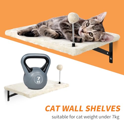 Wall-Mounted Cat Climber Set with Climbing Shelves, Perches, Bridge,Hammock,Scratching Board & Ball – 7 Pcs Wood Indoor Cat Furniture for Kittens Play (Beige)