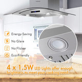 FIREGAS Island Range Hood 36 inch 450 CFM with Chimney,Tempered Glass,4 LED Lights,3 Speed Fan,Touch Control,Permanent Filter,Charcoal Filter,Stainless Steel,Island Mount,Ceiling Mount