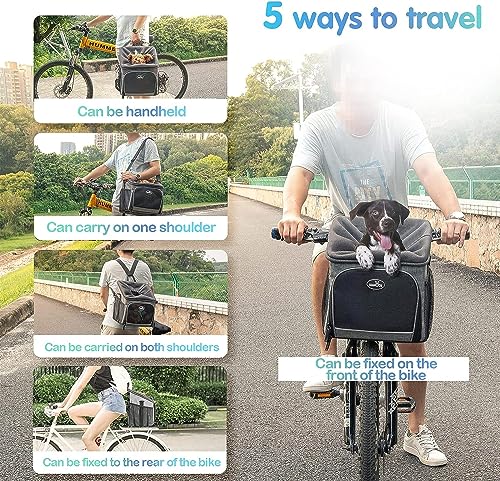 Dog Bike Basket Carrier, Pet Bicycle Front Carrier Backpack for Bike Riding Foldable Removable, Reflective Strips, 2 Side Storage Pockets, Pet Travel Bag for Cats Small Dogs