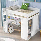 Full Size Loft Bed, Multi-Functional Solid Wood Loft Bed with Wardrobes and 2-Drawer Desk and Storage Cabinet, Modern Full Bed Frame with Built-in Ladder and Safety Guardrails,White
