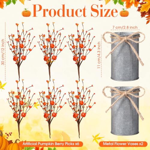 Mimorou 4 Set Artificial Autumn Flowers Table Centerpiece with Vase 6 Pcs Pumpkin Berry Picks 2 Pcs Metal Vases Vintage Artificial Fall Flowers Decor Faux Fall Plants for Thanksgiving Farmhouse Home