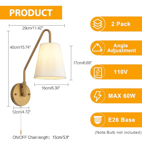 PASSICA DECOR Hardwired Wall Sconces Set of Two 2 Pack with Pull Chain ON Off Matte Black Swing Arm Lighting Modern Vintage Lamp Industrial White Fabric Wall Light for Bedroom Farmhouse Living Room