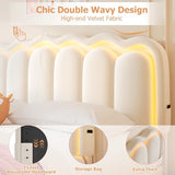 Twin Upholstered LED Bed Frame with Storage Drawer and Adjustable Chic Double Wavy Headboard, Velvet Princess Platform Bed for Kids/Girls, Solid Wood Slats Support, No Box Spring Needed, Beige