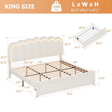 Twin Upholstered LED Bed Frame with Storage Drawer and Adjustable Chic Double Wavy Headboard, Velvet Princess Platform Bed for Kids/Girls, Solid Wood Slats Support, No Box Spring Needed, Beige