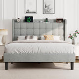 Queen Bed Frame, Upholstered Platform Bed with Charging Station, Modern Wingback Storage Headboard, Solid Wood Slats Support, No Box Spring Needed, Dark Gray