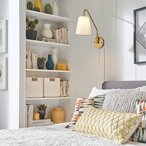 PASSICA DECOR Hardwired Wall Sconces Set of Two 2 Pack with Pull Chain ON Off Matte Black Swing Arm Lighting Modern Vintage Lamp Industrial White Fabric Wall Light for Bedroom Farmhouse Living Room